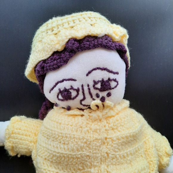 Handmade‎ Crochet Doll Yellow Dress Hat Boots Fabric Face Purple Hair Tassels - Picture 2 of 5
